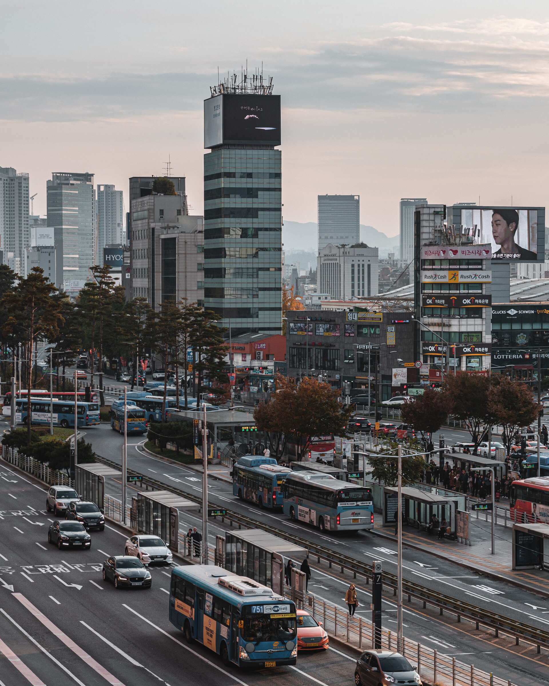 The view from Seoullo 7017, an elevated, linear park in Seoul, built atop a former highway overpass.