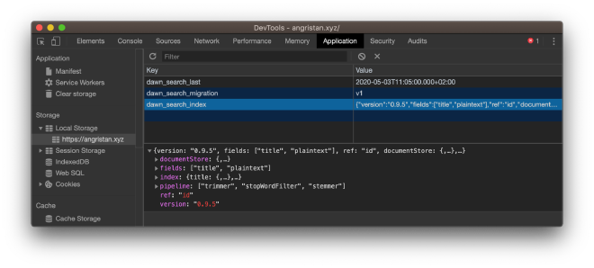 devtools local storage containing the elasticlunr index