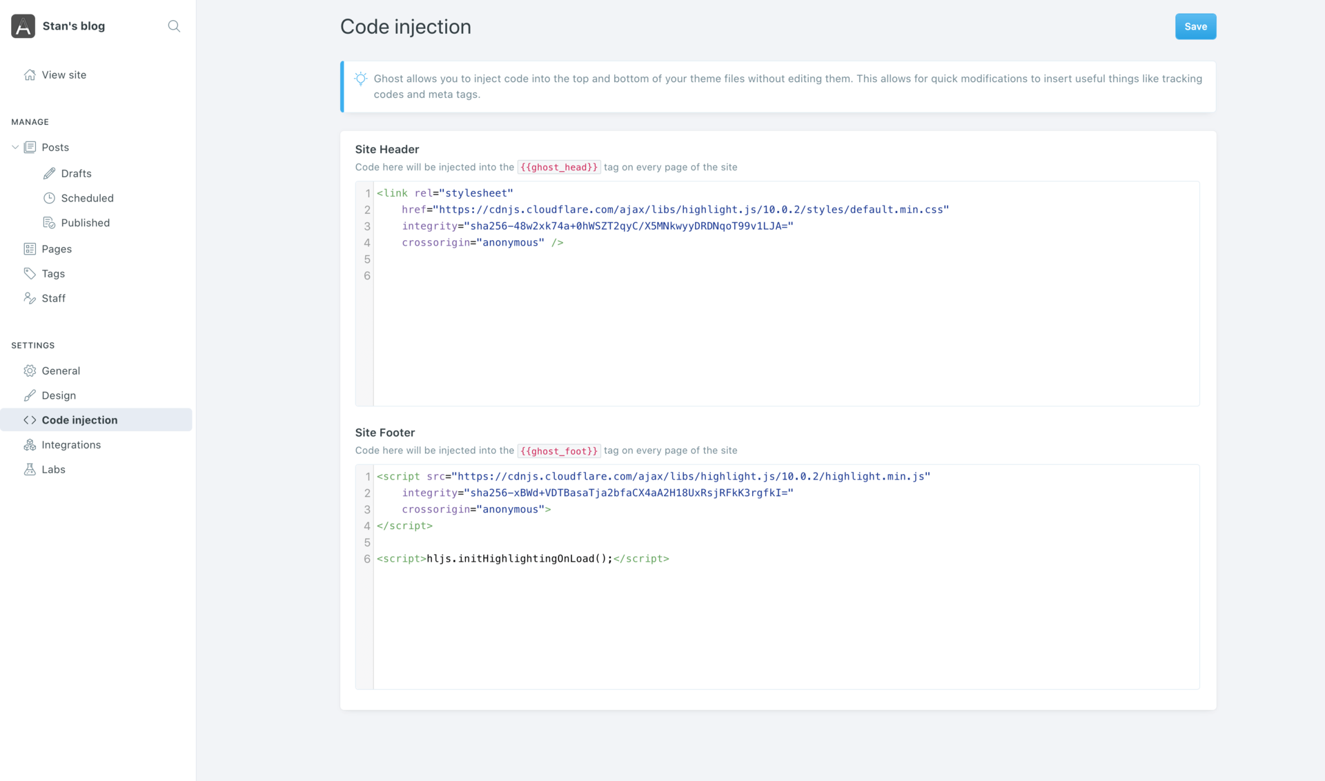 syntax to Ghost with highlight.js Stan's blog