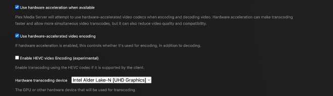 Plex hardware transcoding settings