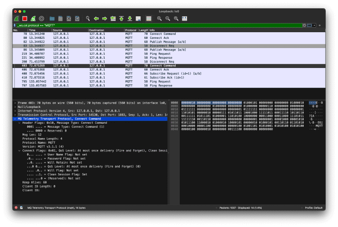 Wireshark helping debug MQTT control packets