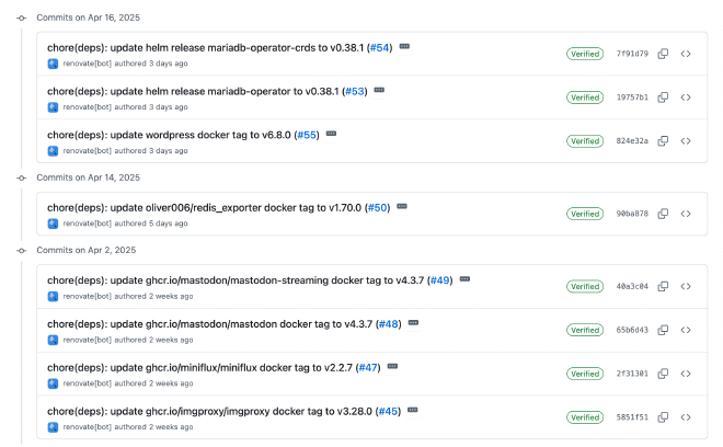 Commits of renovate that auto update my k8s apps