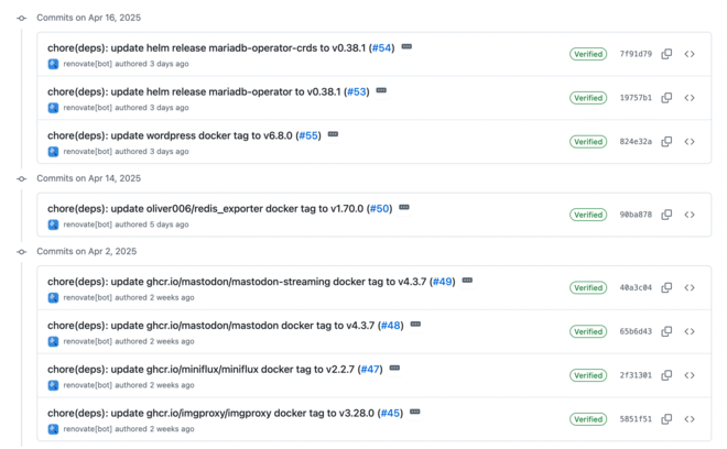 Commits of renovate that auto update my k8s apps