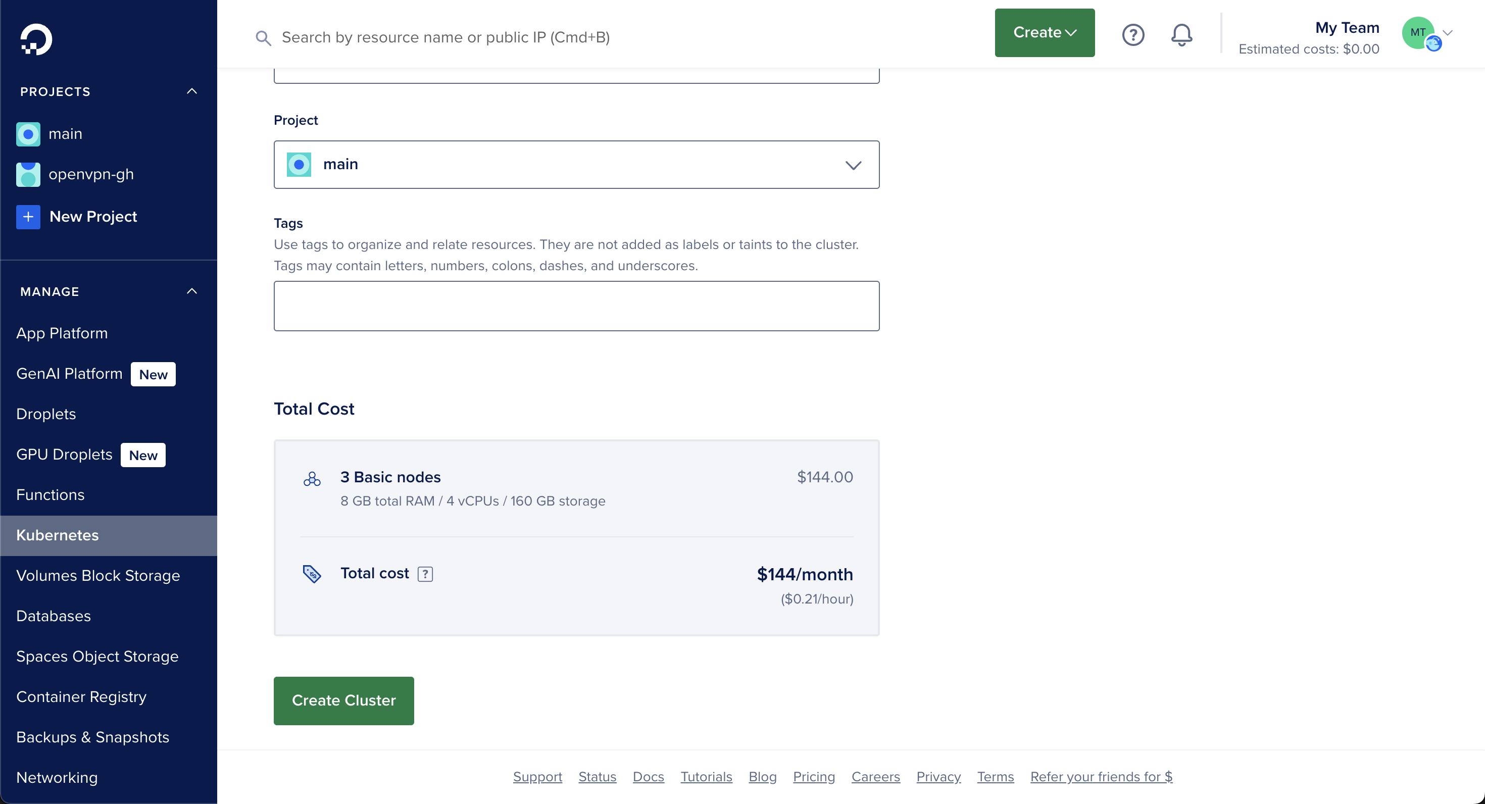 Digital Ocean Kubernetes pricing