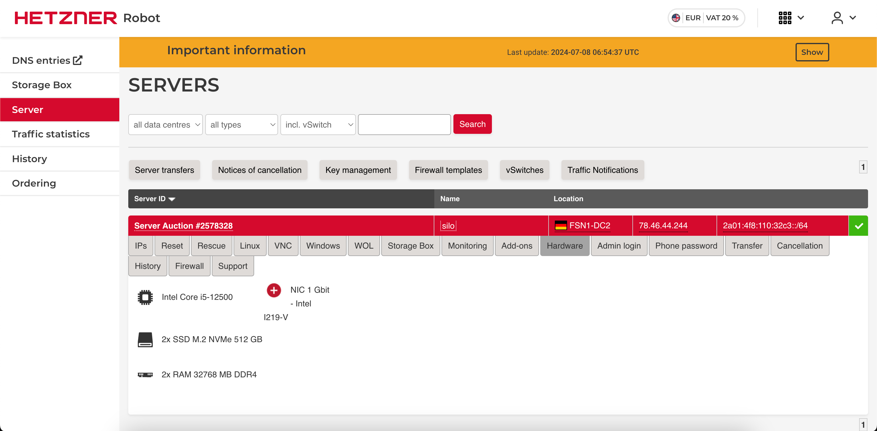 Hetzner dedicated server dashboard