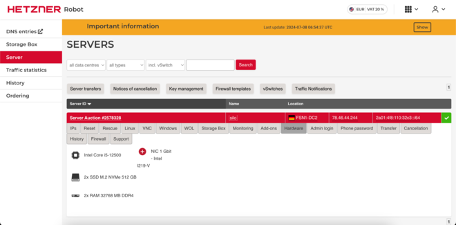 Hetzner dedicated server dashboard