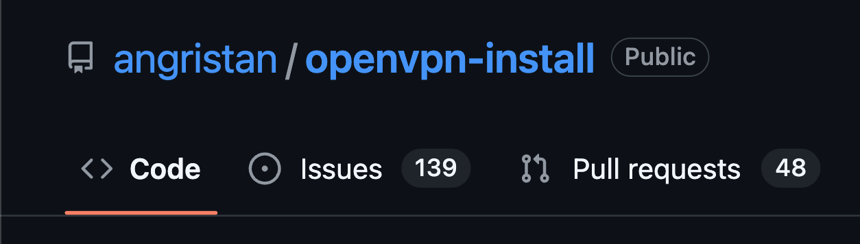 GitHub repo header showing openvpn-install with 139 open issues and 48 pull requests