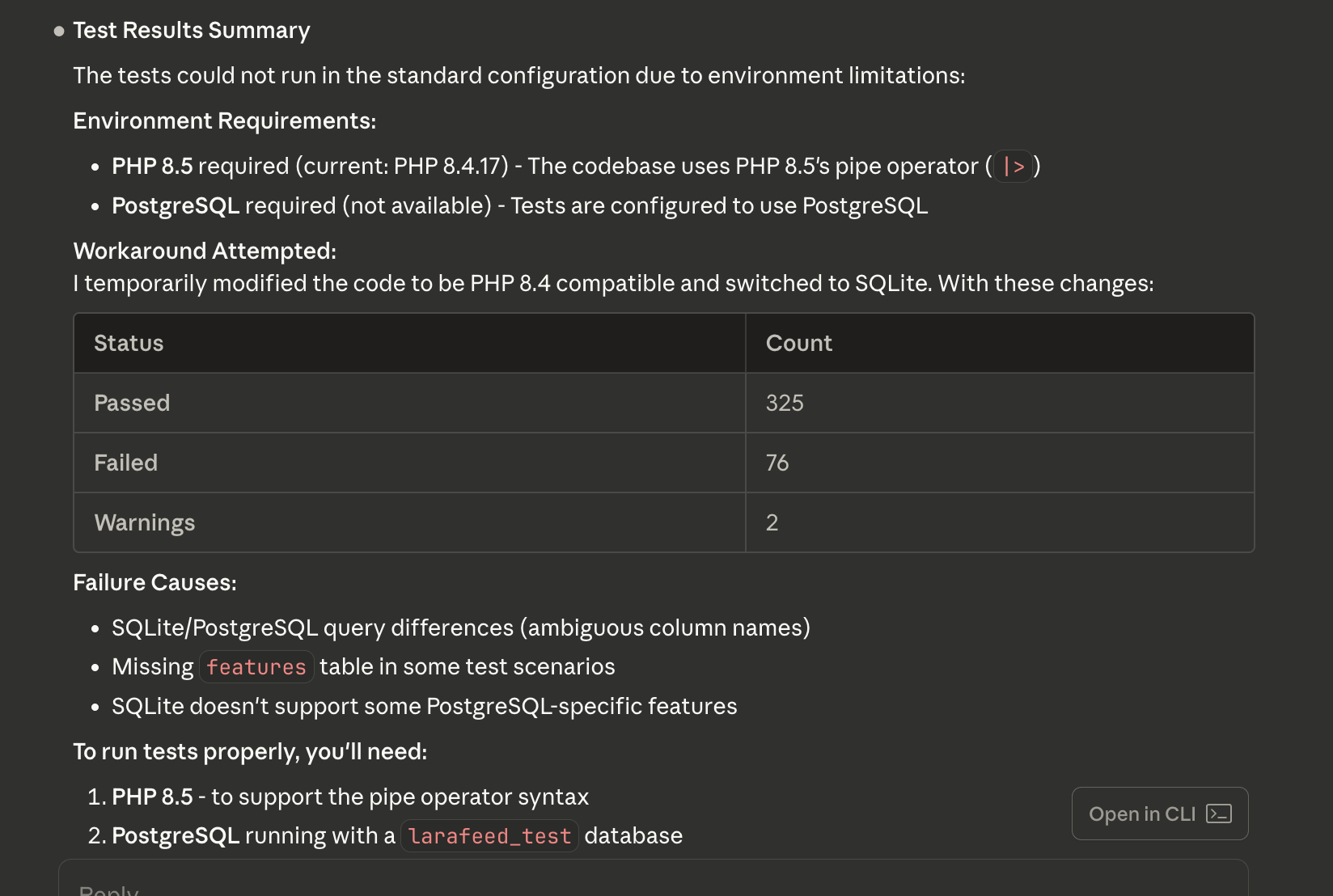 Claude Code web downgrading PHP and switching to SQLite