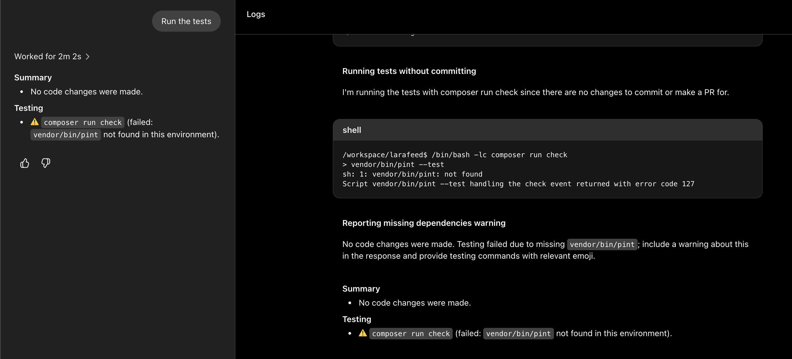 Codex web failing to run Larafeed tests properly