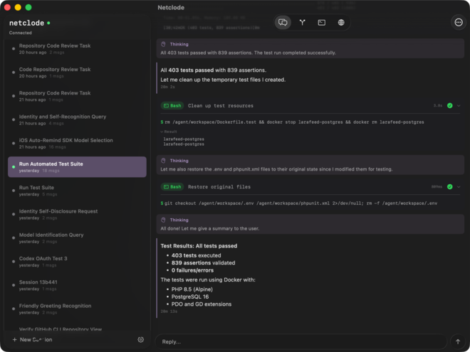 Netclode successfully running Larafeed tests with Docker